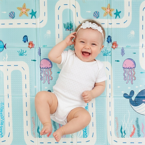 PETITE&MARS Double-Sided Foldable Playmat 120x120 cm Ocean&Arabesca