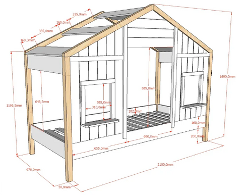 JAXX BABS Kids House Bed 90x200 cm  Style Bed with Roof & Windows