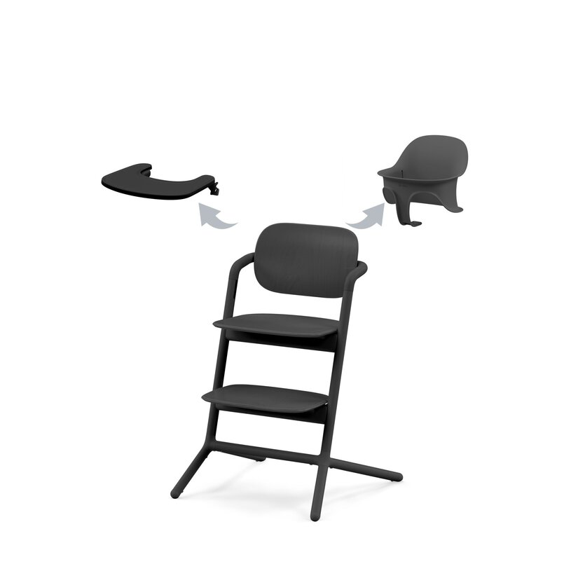 CYBEX Lemo 3-in-1 high chair set in Black showing chair, baby set, and tray components
