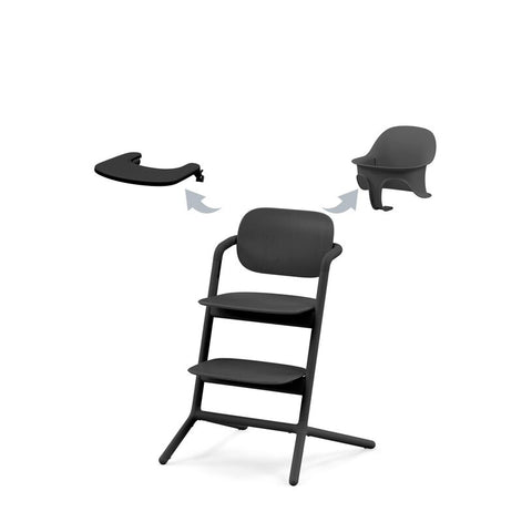 CYBEX Lemo 3-in-1 high chair set in Black showing chair, baby set, and tray components