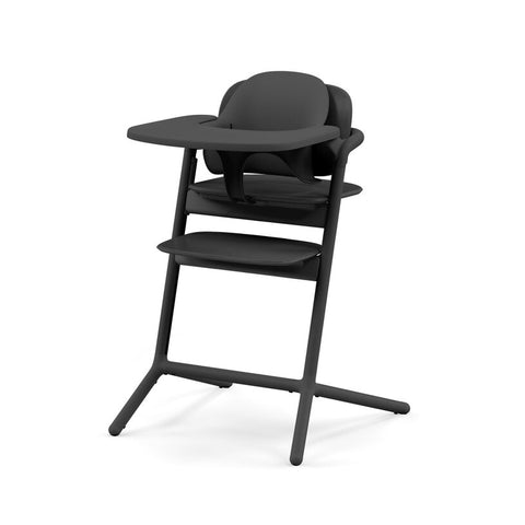 CYBEX Lemo 3-in-1 high chair set in Black with baby set and feeding tray assembled.