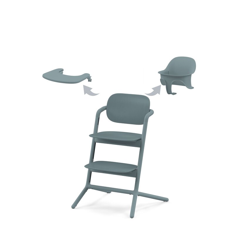 CYBEX Lemo 3-in-1 high chair set in Stone Blue showing chair, baby set, and tray components