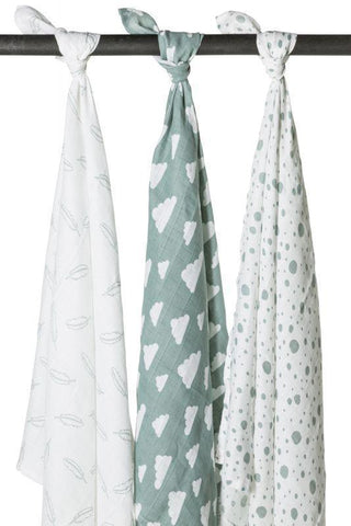 Meyco - Meyco Muslin Swaddles 3-pack Feathers-clouds-dots - Stone Green/white - 120x120cm - Mari Kali Stores Cyprus