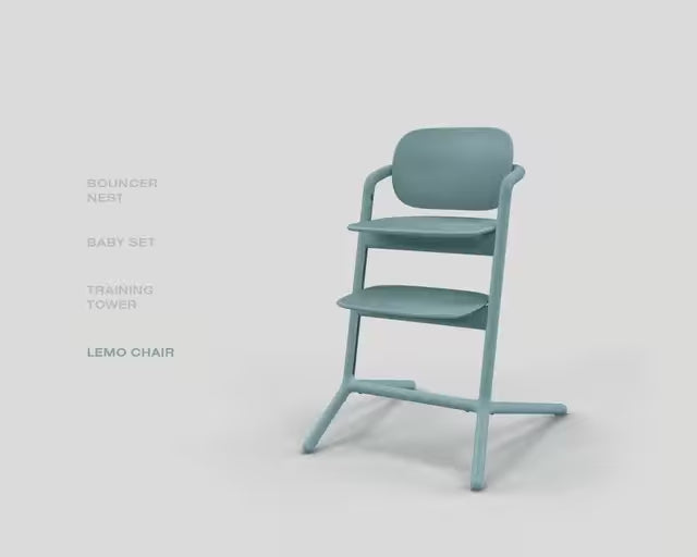 CYBEX Lemo Stormy Blue 3-in-1 high chair 3D assembly video with baby set, tray, and learning tower conversion